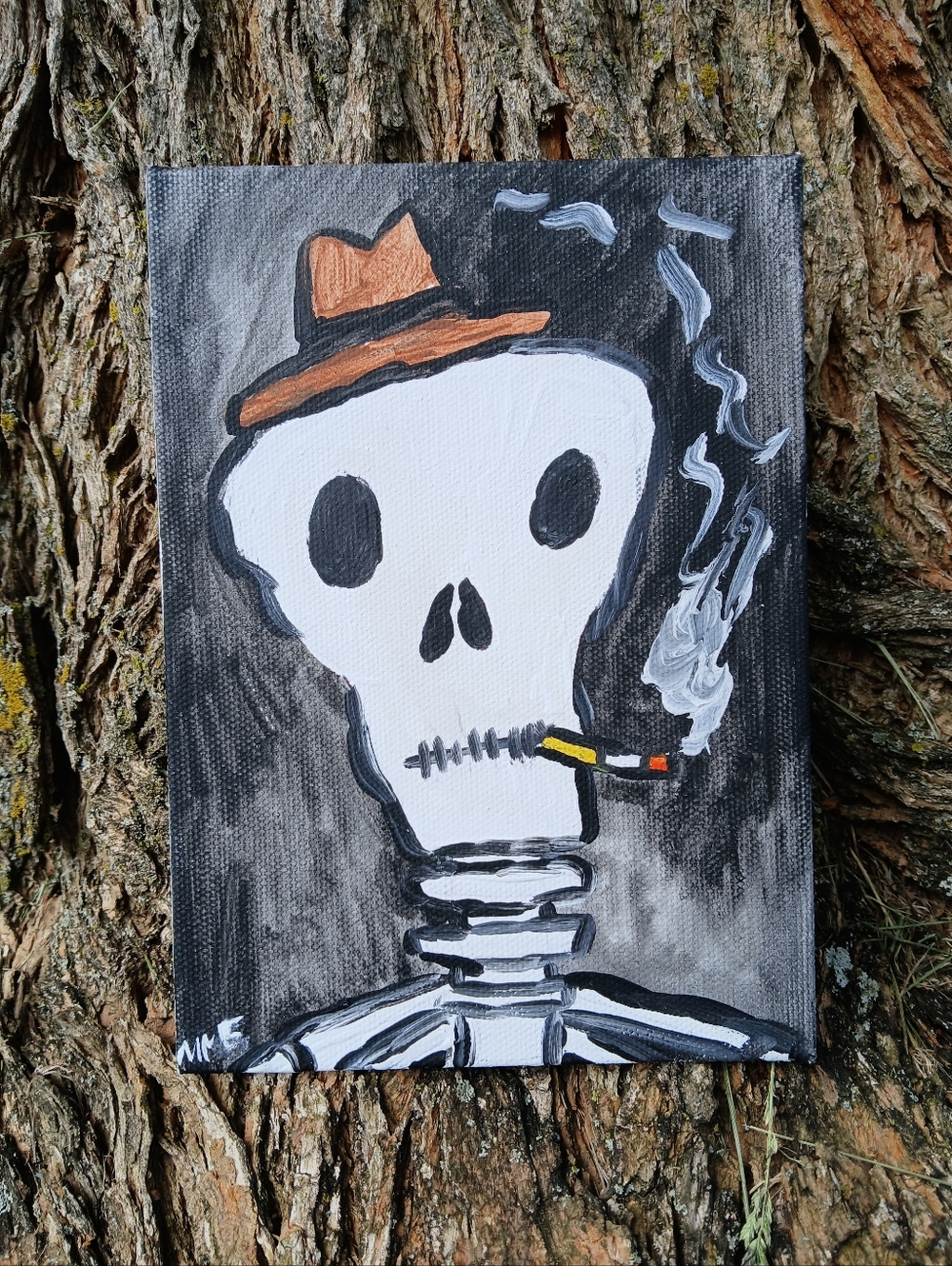 Skeleton Smoking Painting Folk Art
